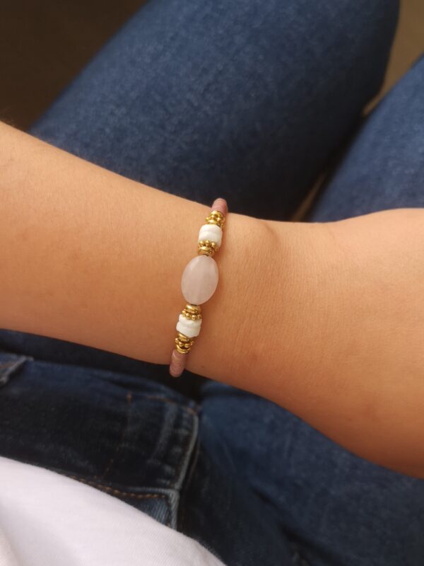 Bracelet élastique coquillage, quartz et rhodonite rose