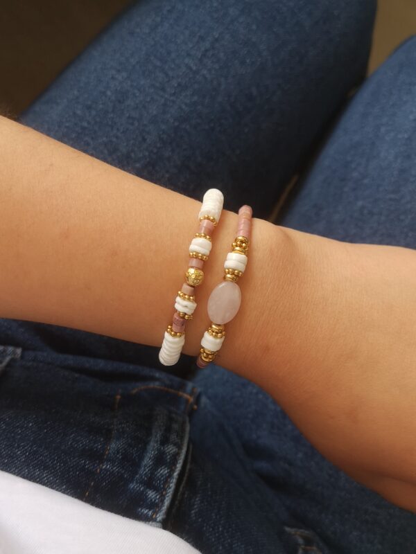 Bracelet élastique coquillage, quartz et rhodonite rose